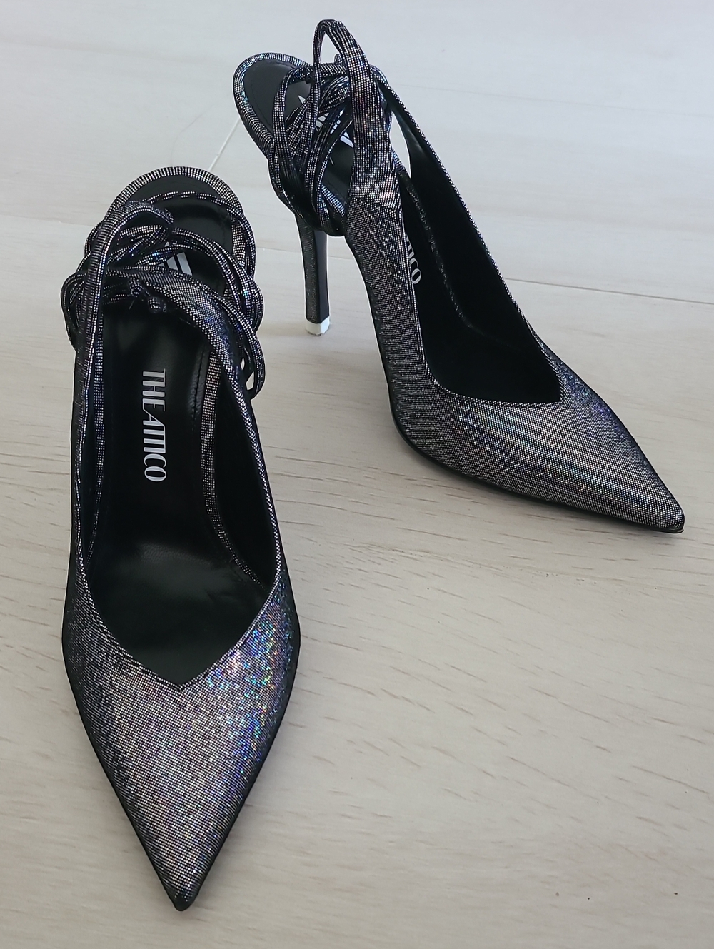 THE ATTICO Iridescent Black Pointed Slingback Heels